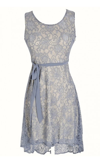 Periwinkle Lace High Low Dress with Fabric Sash